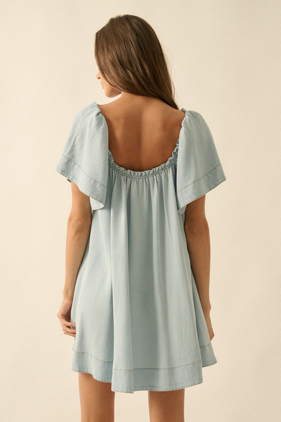 Denim Flutter-Sleeve Babydoll Dress