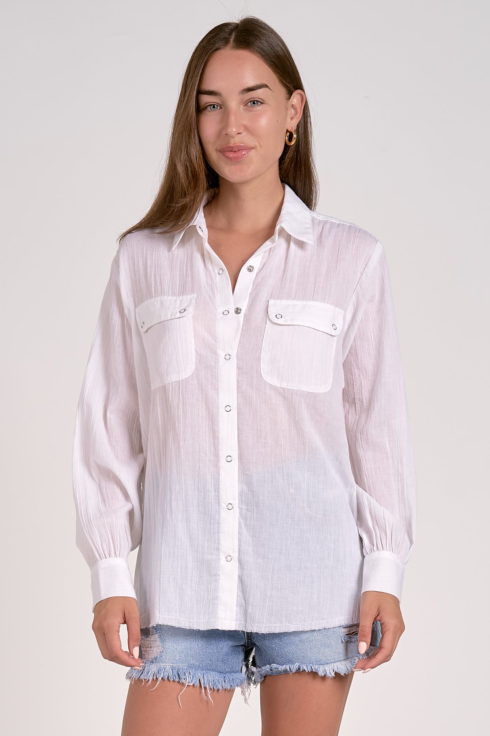 White Linen Button Snap Top