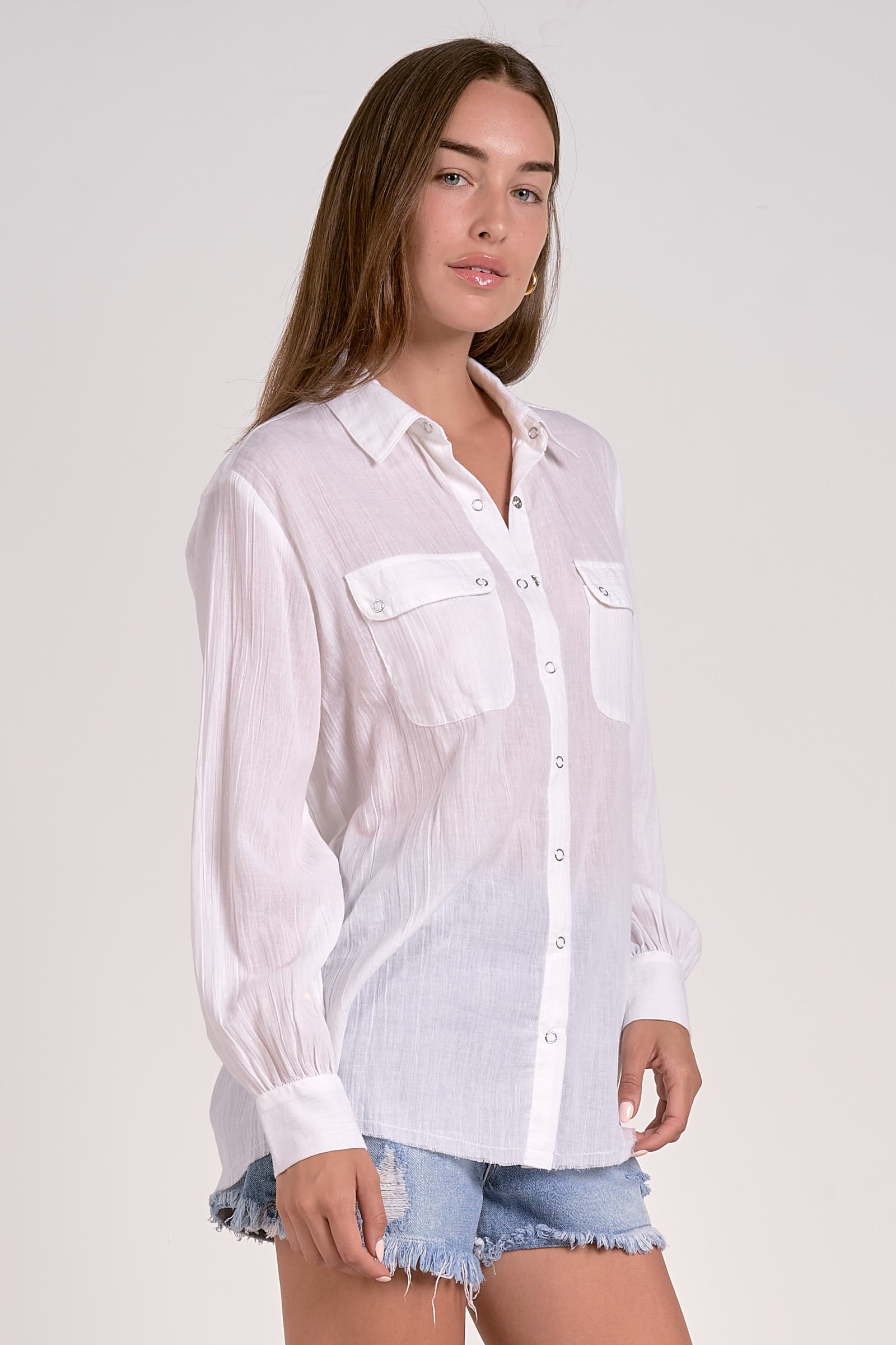 White Linen Button Snap Top