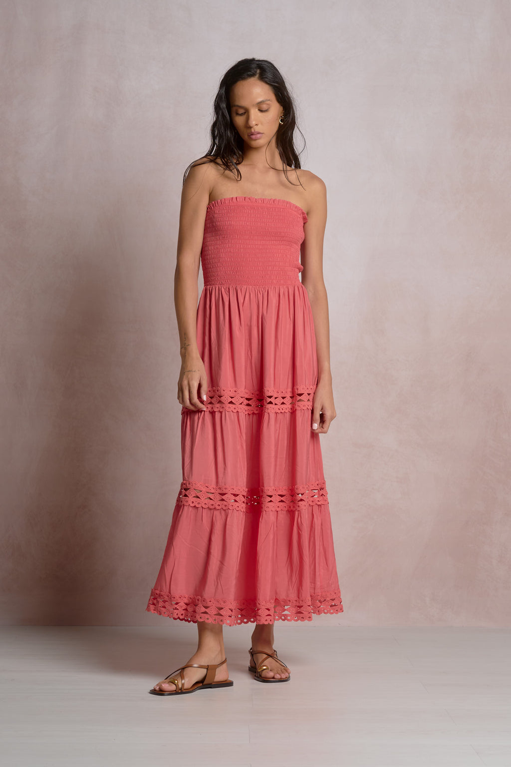 Coral Tiered Strapless Dress