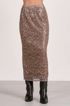 Leopard Print Sequin Midi Skirt