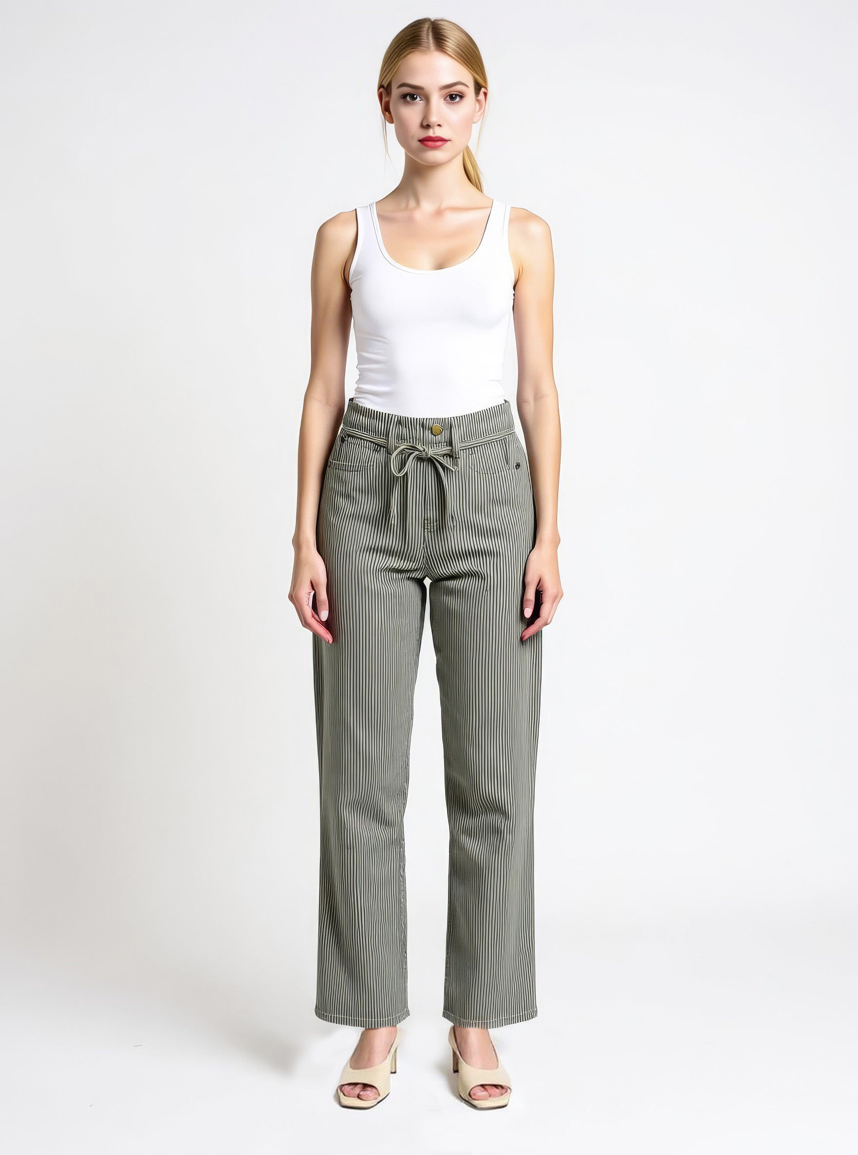 Olive Pin-Stripe Wide Leg Tie Jeans