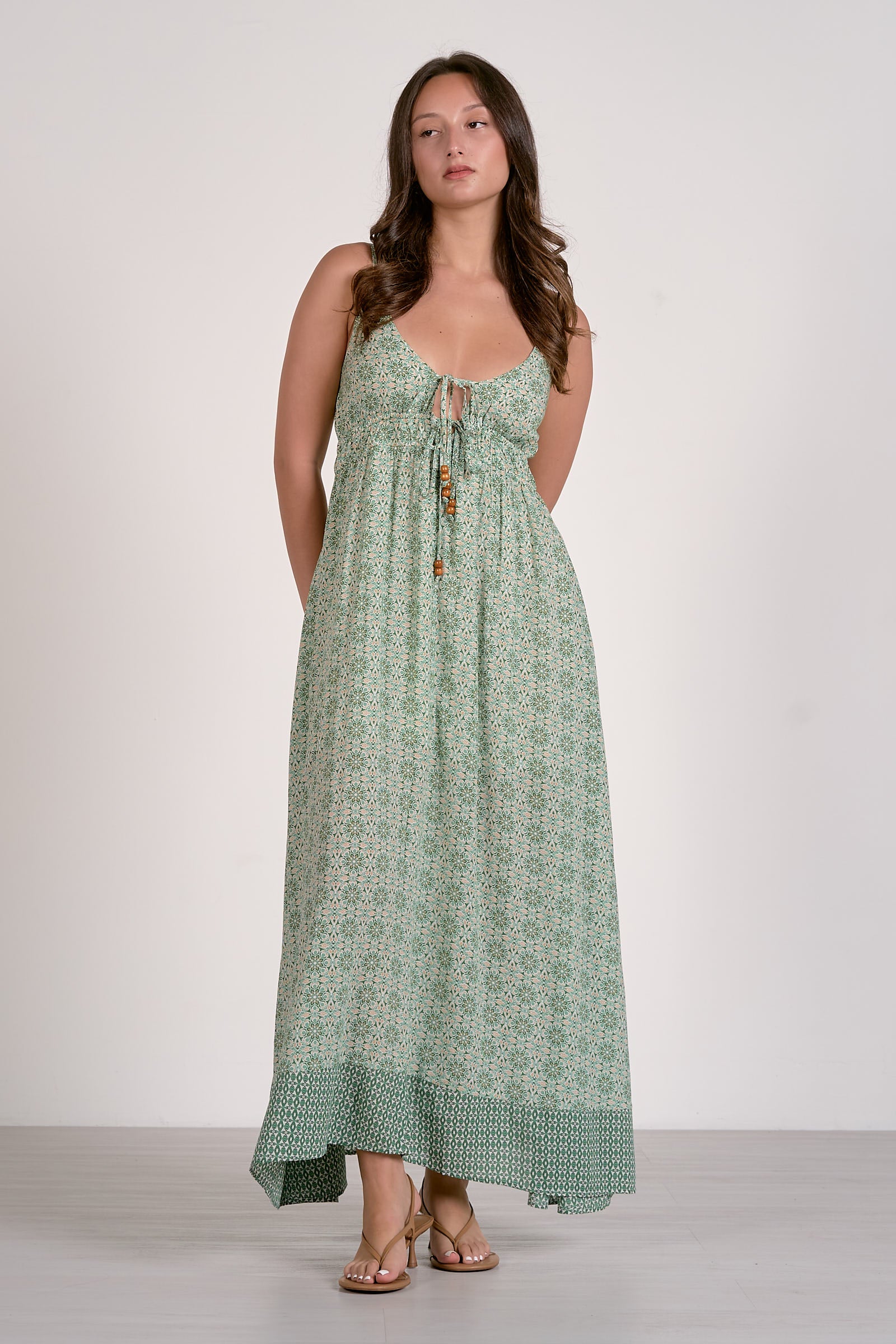 Green Print Maxi Tie Dress