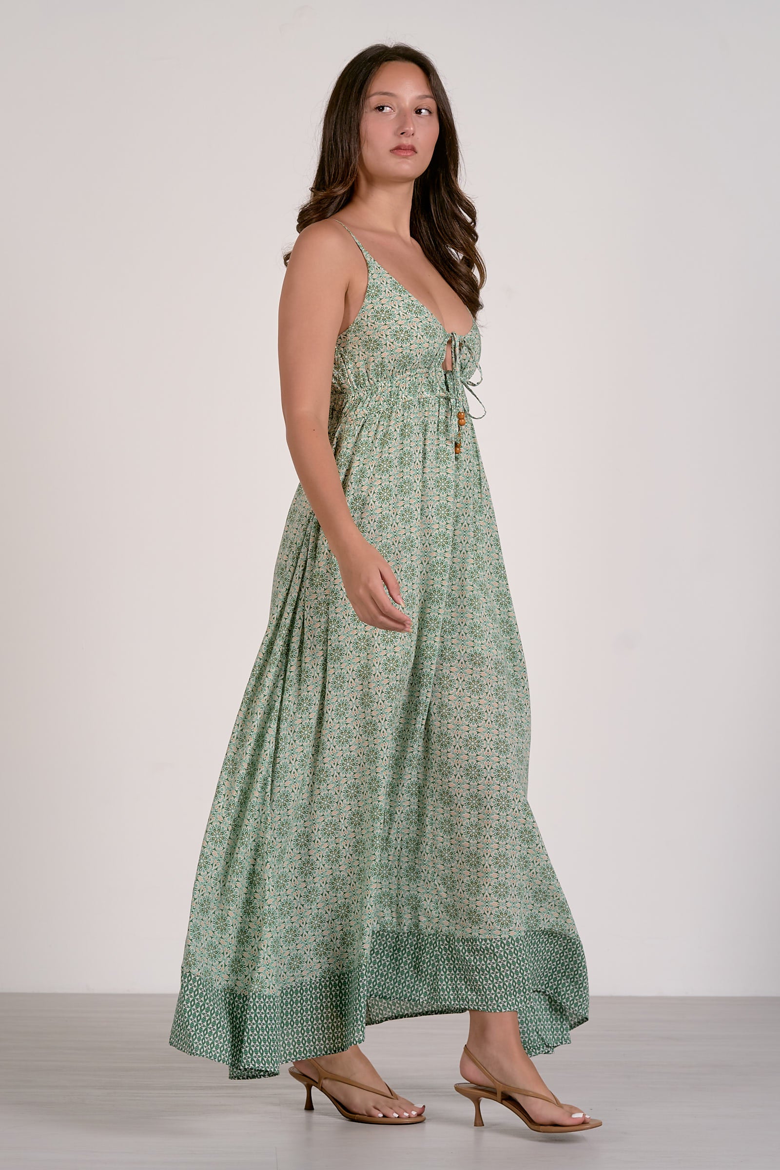 Green Print Maxi Tie Dress